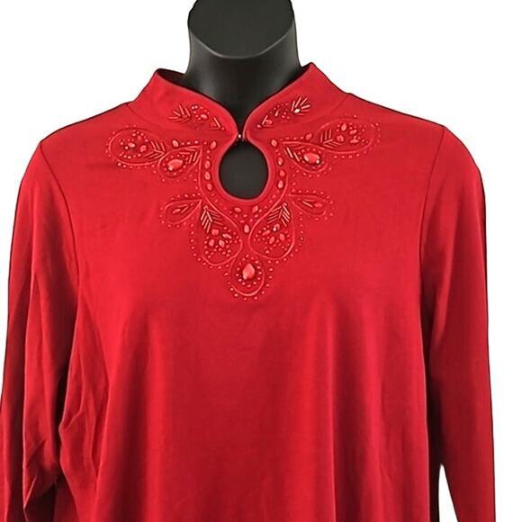 NWOT Belle by Kim Gravel Red Embellished Keyhole TripleLuxe Tunic Top Large - Picture 5 of 7